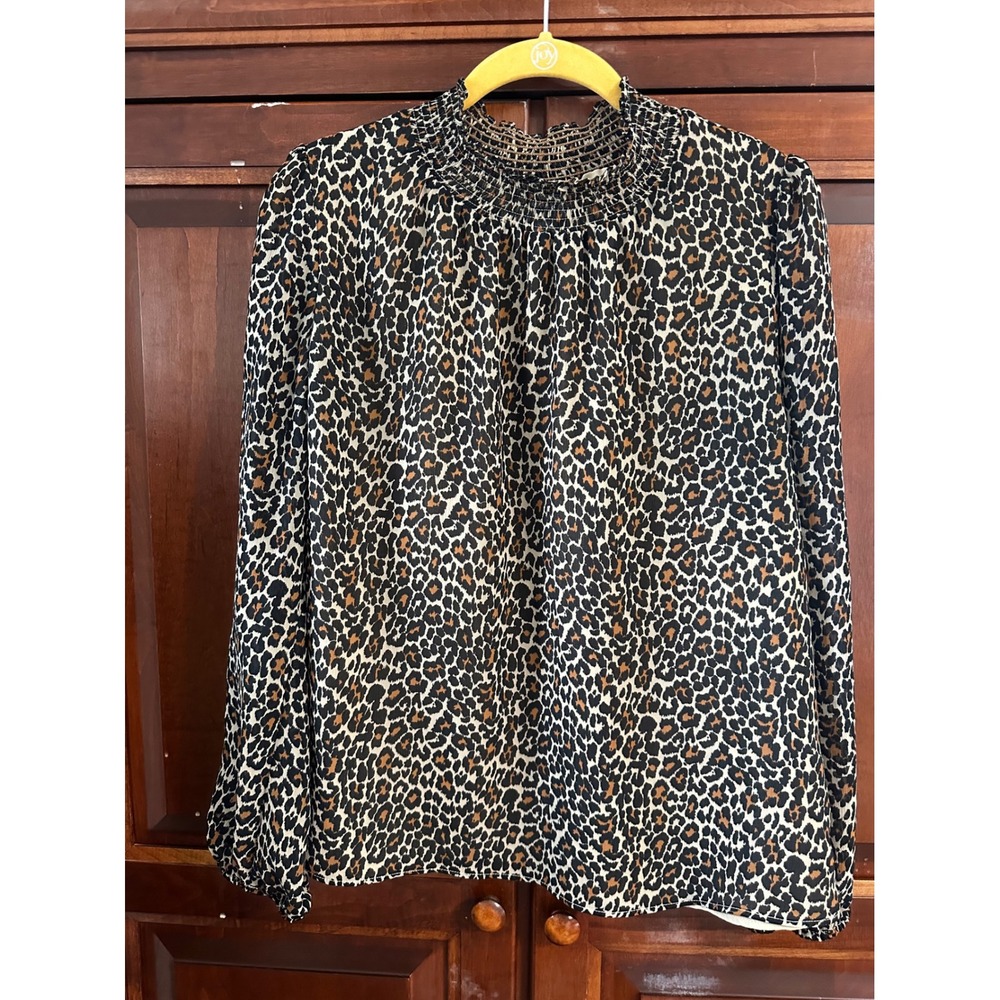 J.Crew Leopard Print Smocked Neck Long Sleeve Blouse Tan Black Brown Small